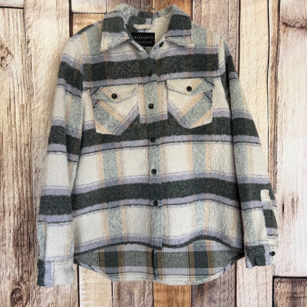 AllSaints Phoebe Check Shirt Shacket Quiet Luxury Overshirt Heritage Plaid US 10
